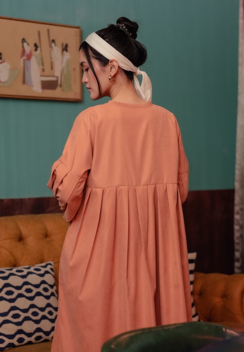 Journey Gathered Long Top in Medium Coral
